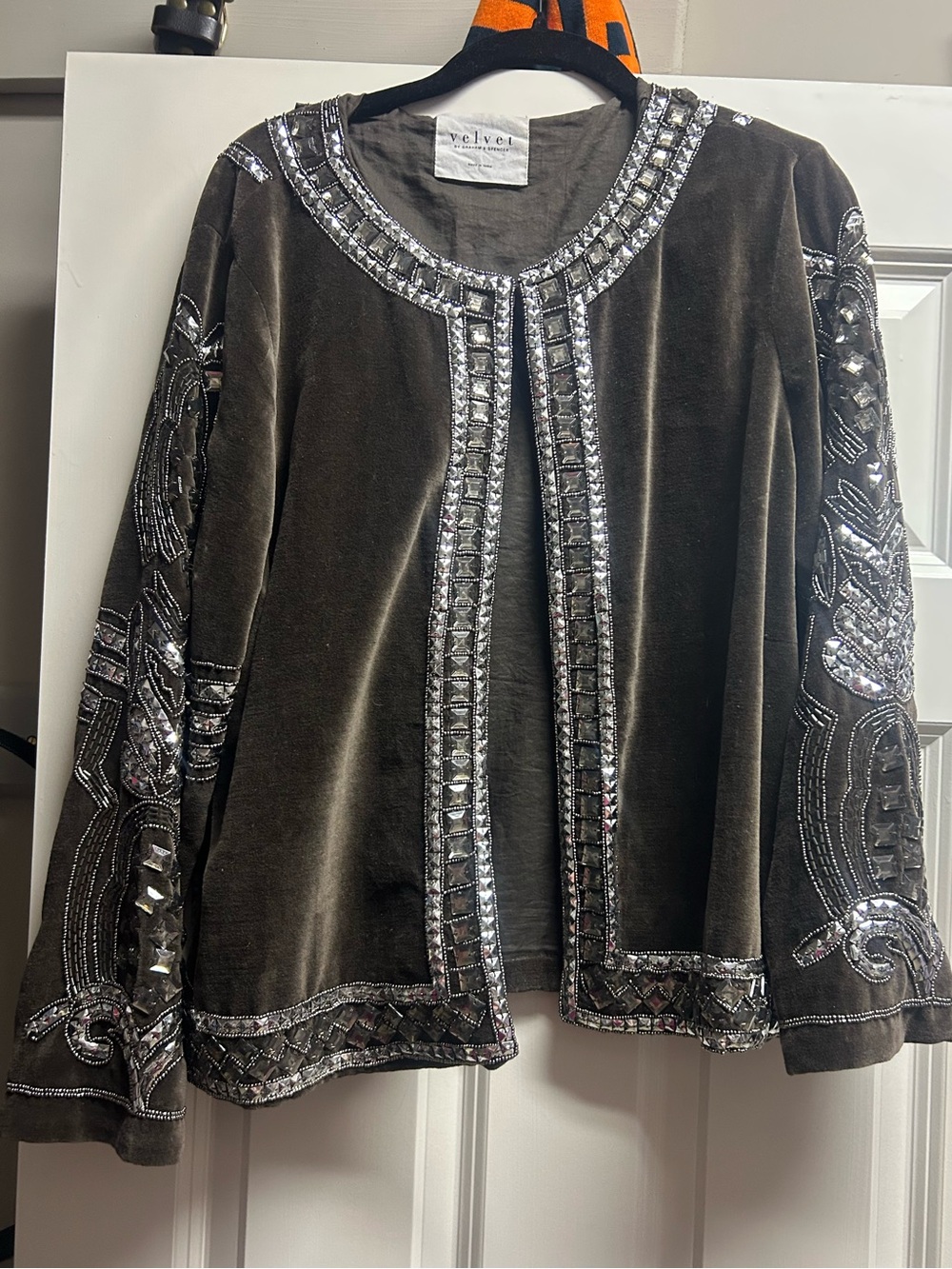Velvet by Graham & Spencer Olive Brown Velvet Top with Silver Beaded Trim